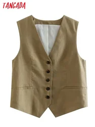 Tangada 2023 Women Linen Cropped Vest Coat Ladies Waistcoat Sleeveless Elegant Top 6P120