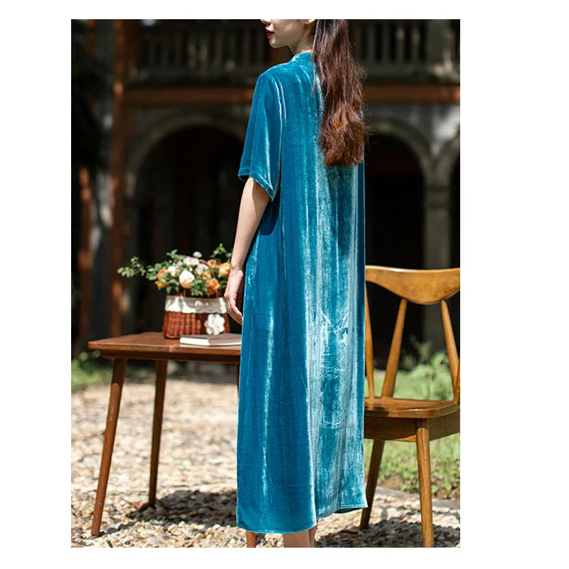 Women's Velvet Long Dress, Lady Short-sleeved, Lotus Leaf Lace Collar, Temperament, Elegant Robe, Street Women Clothing, Spring