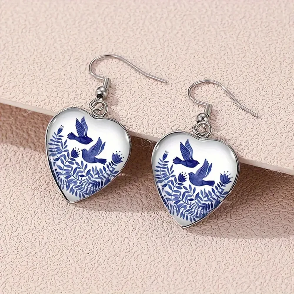 Fashion Blue Magpie Bird Flowers Earrings Retro Silver Color Stainless Steel Glass Heart Dangle Earrings For Women