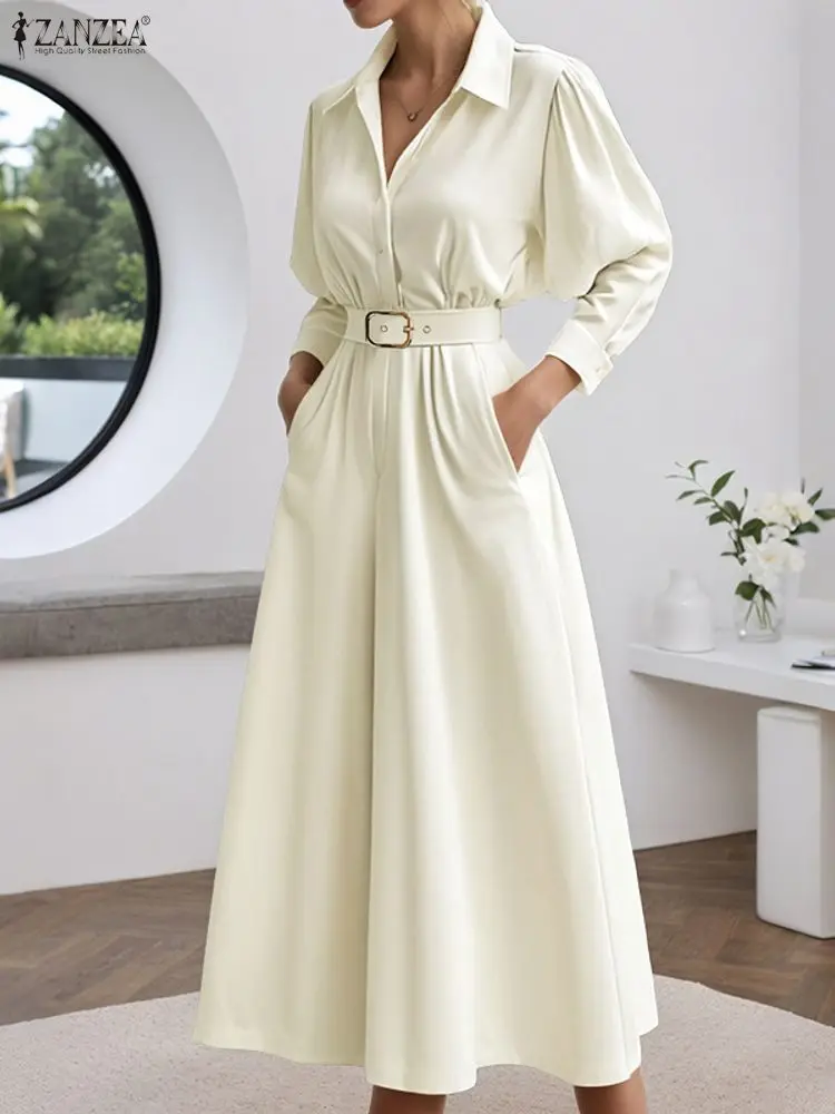 

2025 ZANZEA Elegant Women Long Jumpsuits Long Sleeve Lapel Casual Rompers Fashion Belted Wide Leg Pants Pockets Office Playsuits