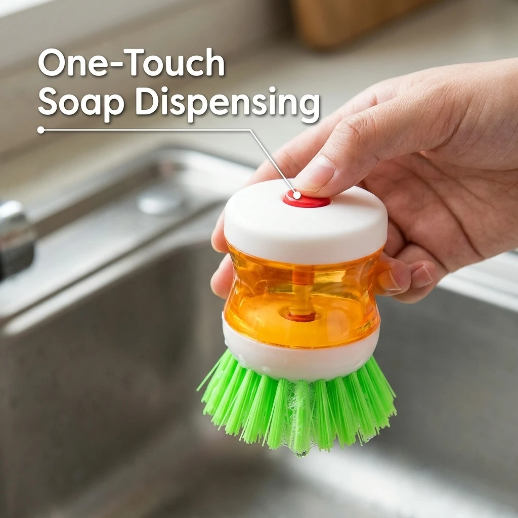YGTITAN Kitchen Soap Dispensing Dish Brush,Press Type Scrubber with Liquid Dispenser, Non-Scratch Cleaning Tool,Blue/Pink/Purple