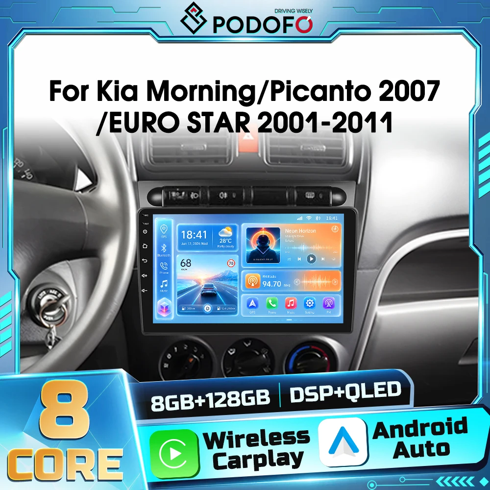 Podofo 8+128G Lettore Multimediale Android 2din per Auto per Kia Morning/Picanto 2007/EURO STAR 2001-2011 con Bluetooth, Ricevitore FM RDS, Autoradio, Carplay Wireless, Android Auto, Navigazione GPS,