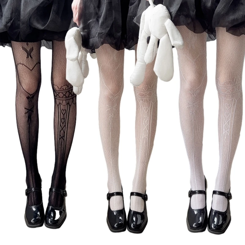 Women Harajuku Asymmetrical Heart Patterned Gothic Fishnet Mesh Pantyhose Tights