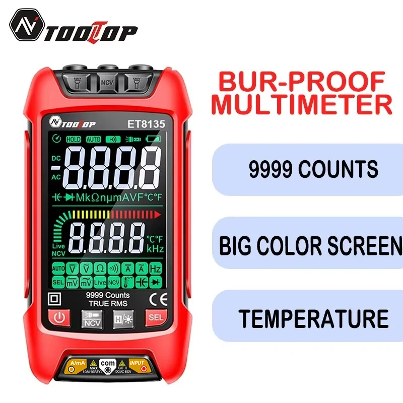 TOOLTOP ET8135 kolorowy ekran inteligentny 9999 zliczeń True RMS multimetr cyfrowy AC DC napięcie prądu rezystancja dioda Hz Tester