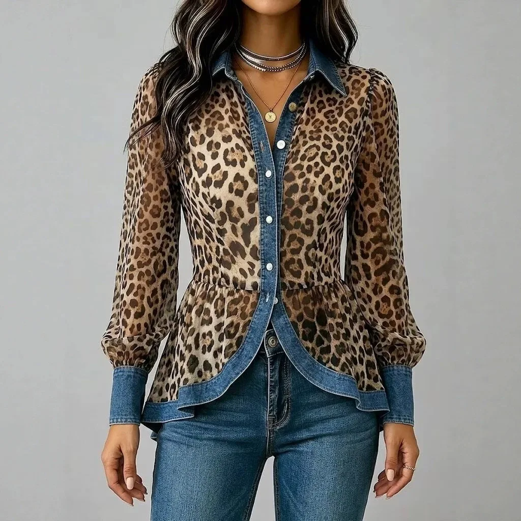 Women's Retro Leopard Pattern Solid Color Shirt With Cowboy Border Collar Puff Long Sleeve Waist Buckle Tailored Fashion Shirt