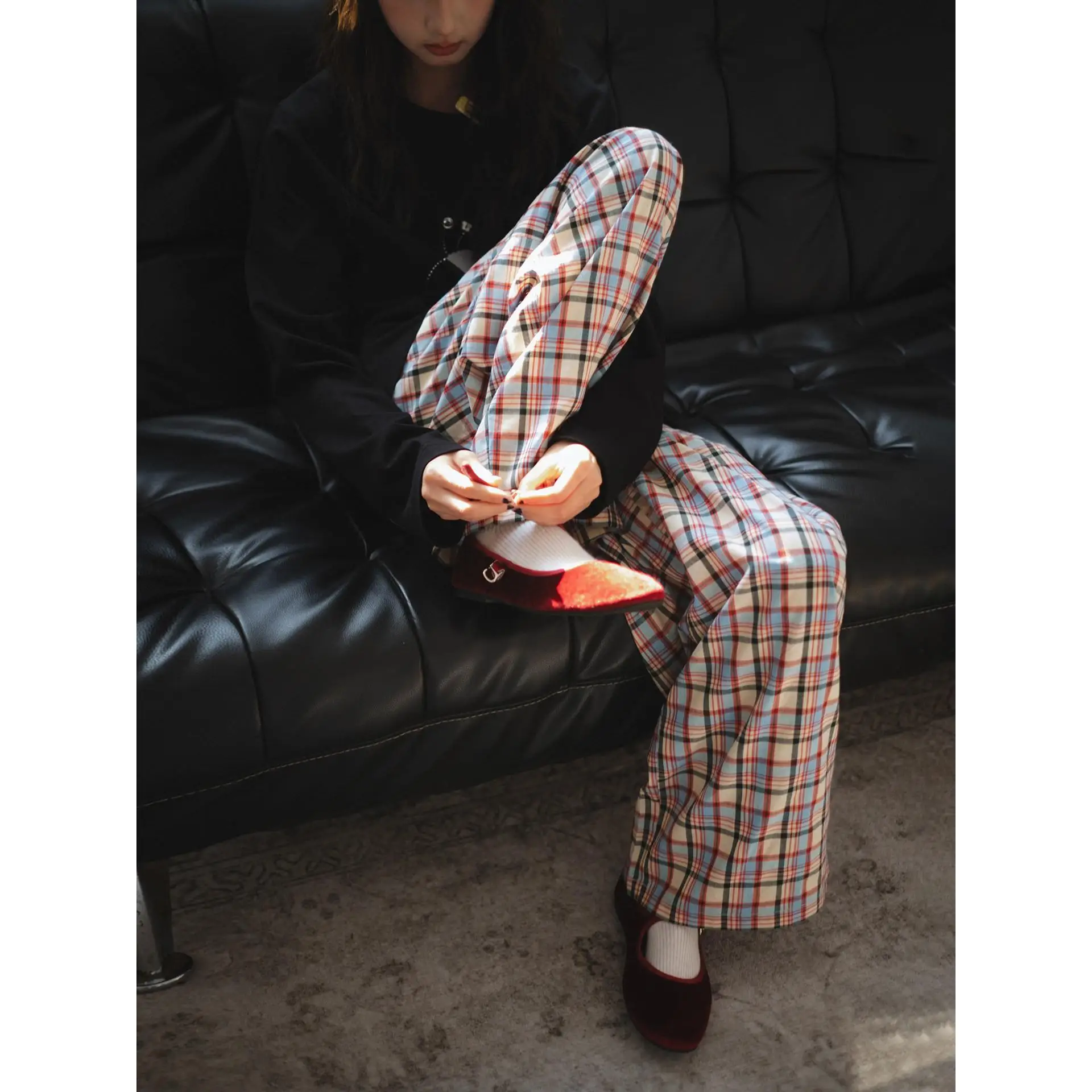 

Retro Color Block God Pants Cute Button Decor Design Spring Summer Loose Slimming Thin Elastic Waist Casual Pants Women
