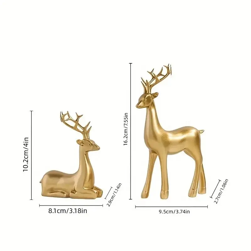 2pcs Reindeer Sculpture Gold Resin Christmas Elk Statues Home Office Decorative Displays for Living Room,Desktop, Cabinets