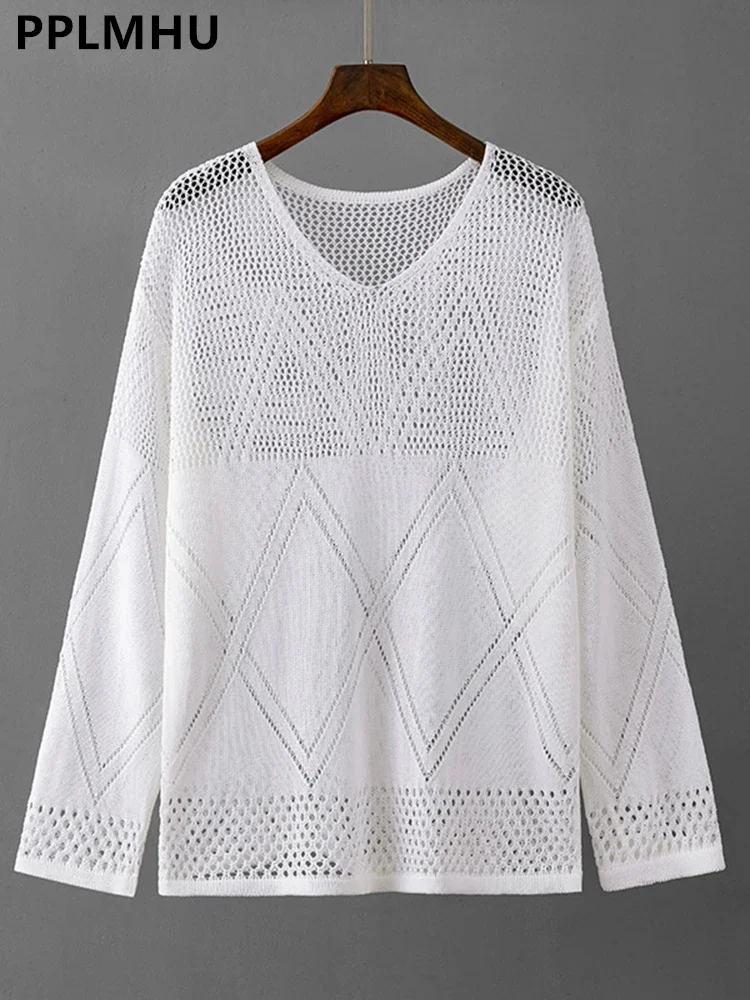 Spring Summer Hollow Out Knit Tshirts Women Causal Loose V-neck Sunscreen Tee Long Sleeve Pullover Thin Knitwear Top Sexy Jumper
