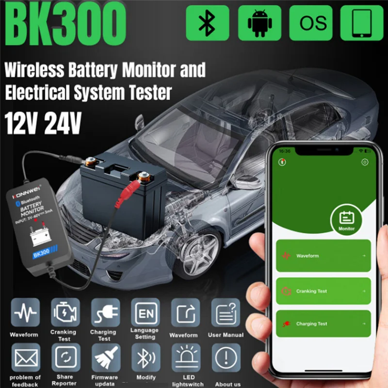 Konnwei BK300 Battery Monitor For Car For R V Motorcycles 6V 12V 24V Bluetooth Battery Tester Fault Detector