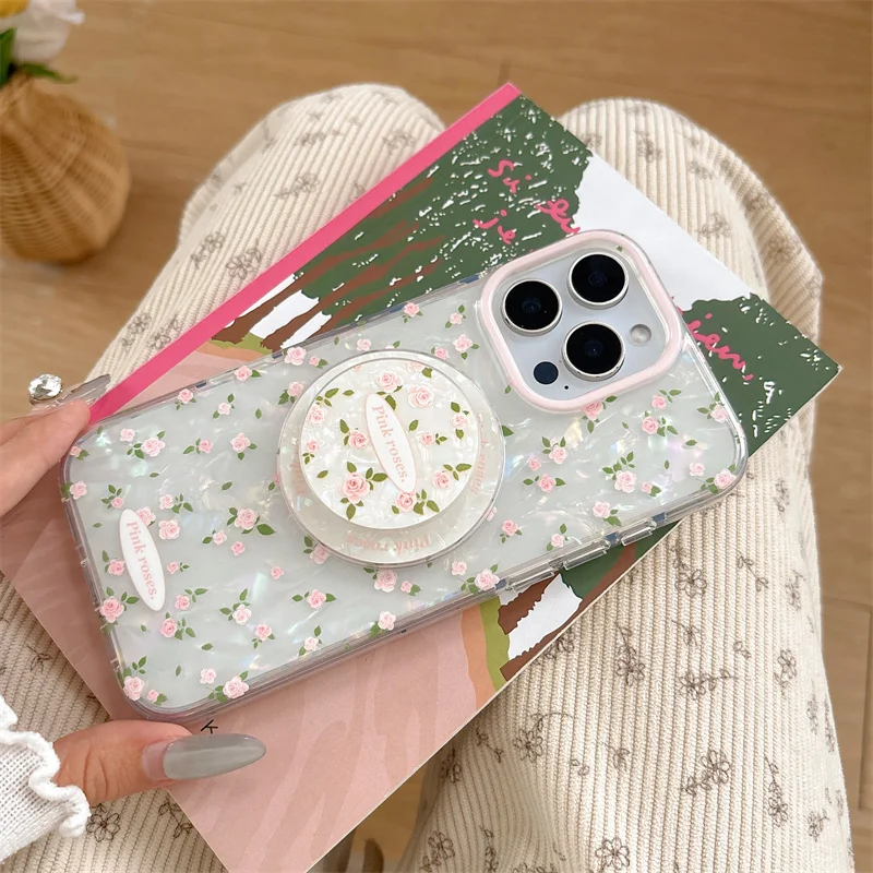 

Korean summer pink Small flower magnetic phone case For iPhone 16 Pro 13 14 16 Pro Max Cover stand shockproof Cute Cases Funda