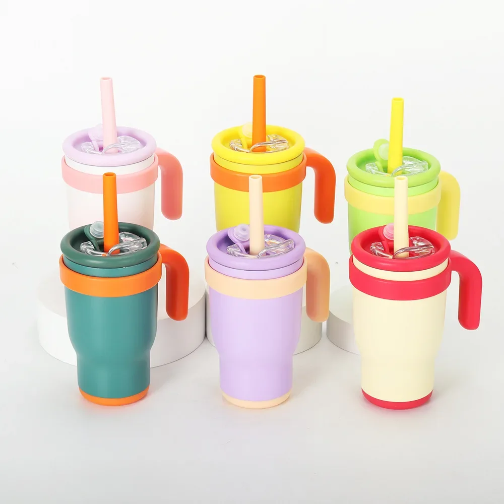 14oz Stainless Steel Children's Handle Cup Straw Mug Portable Vacuum Water Bottle With Lid Collision Color Thermos Bottle Gift