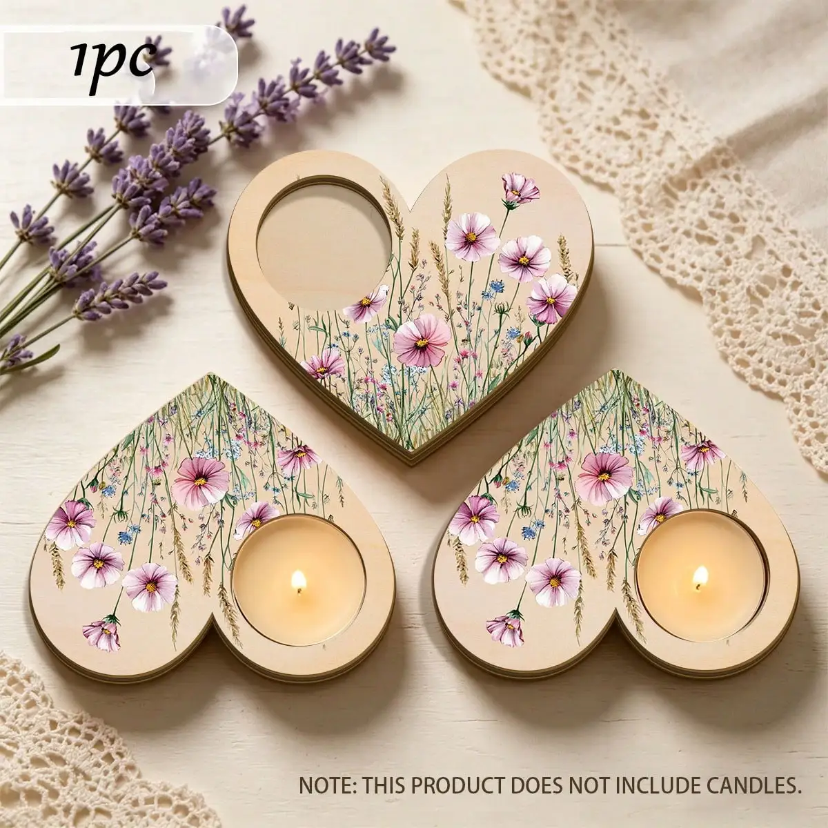 Heart-Shaped Wooden Tealight Candle Holder, Tealight Tray with Eucalyptus Flower and Butterfly Patterns, Romantic Pastoral Style Table Centerpiece Decoration, Candles Not Included