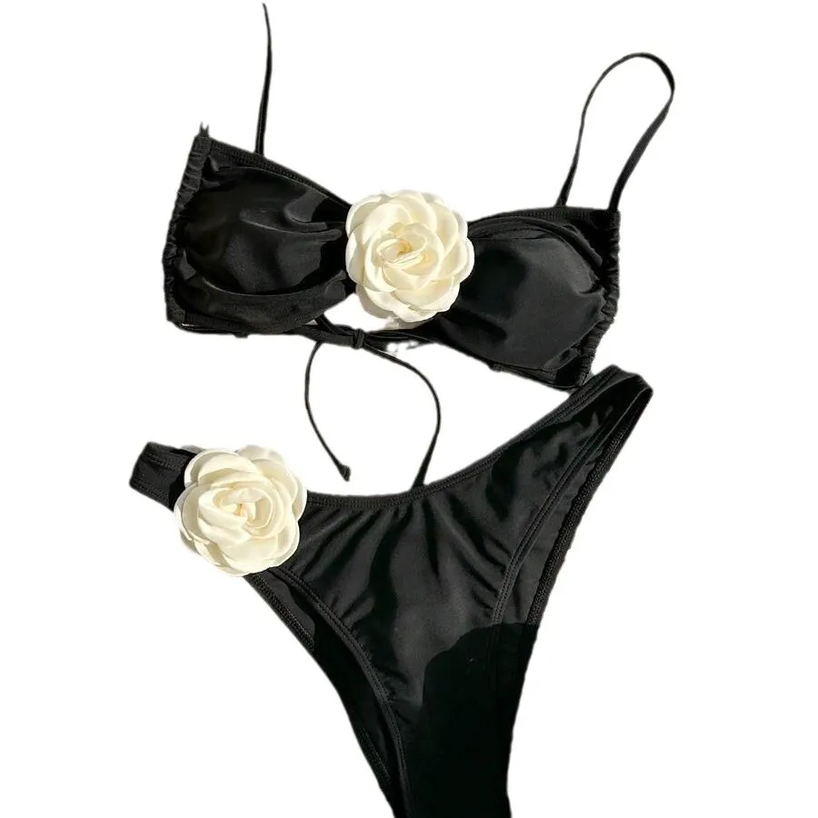 New Bikini Sexy Three-dimensional Flower Tube Top High Split End Solid Color Swimsuit Bikini