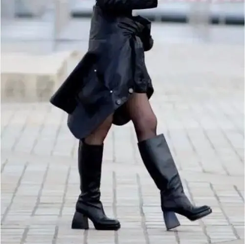 

Autumn Ladeis Black Matte Patent Leather Square Toe Platform Zipper Side Chunky Heels Knee High Boots Wmen Street Style Boots