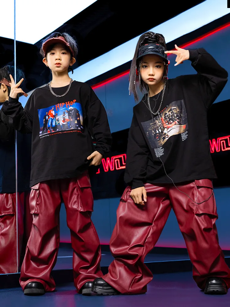 Kid Kpop Hip Hop Clothing Black Print Sweatshirt Top Wine Red Faux Leather Casual Cargo Pants for Girl Boy Dance Costume Clothes