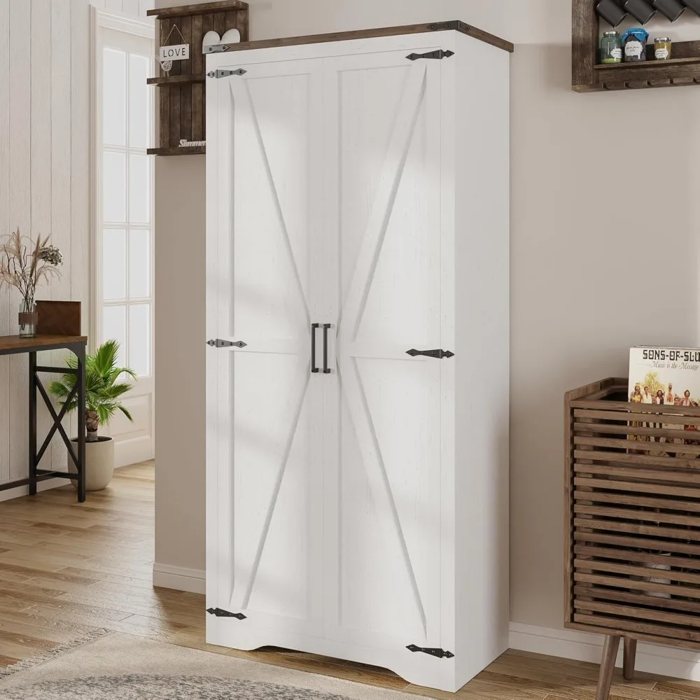 

White Tall Farmhouse Storage Cabinet with Adjustable Shelves, Large Pantry Organize with 2 Barn Doors, Freestanding Cabinet for