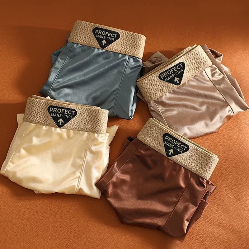 

Мужское нижнее белье из 4 предметов, летние шелковые тонкие дышащие брюки из ледяного шелка с плоскими углами, однотонное удобное повседневное мужское нижнее белье