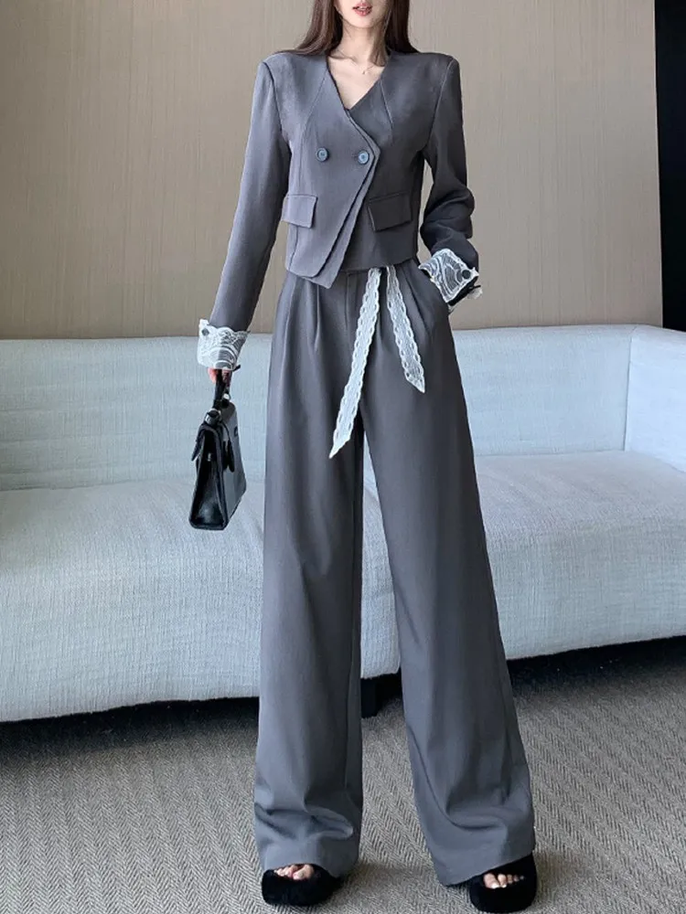 

Элегантный женский костюм-двойка для повседневной носки: новая весенняя коллекция, модный дизайн с кружевными вставками, укороченный пиджак + брюки с широкими штанинами