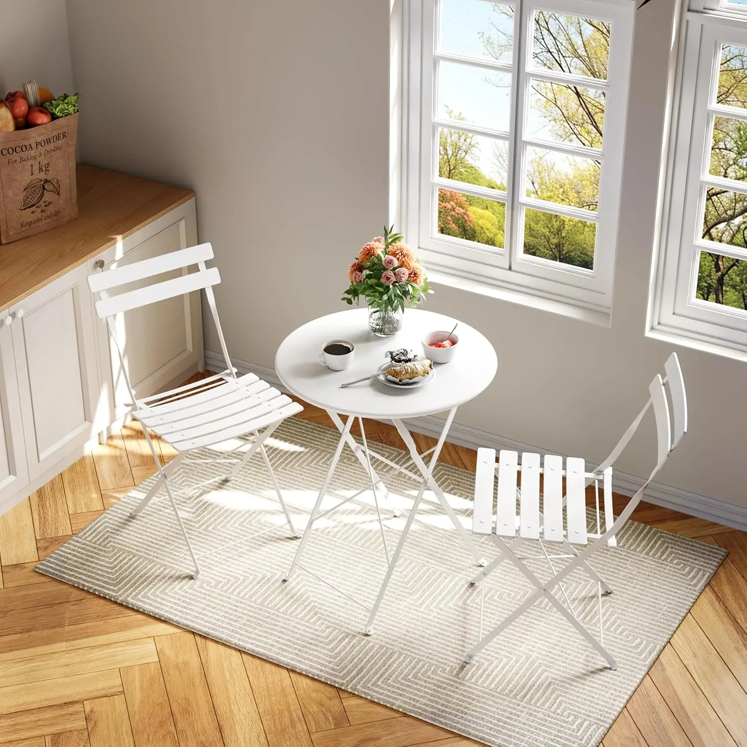 

Bistro Table & Chairs Set of 2. 3-Piece Folding Patio Set. Premium Frame. Foldable Table. For Balcony, Yard, Garden. White.