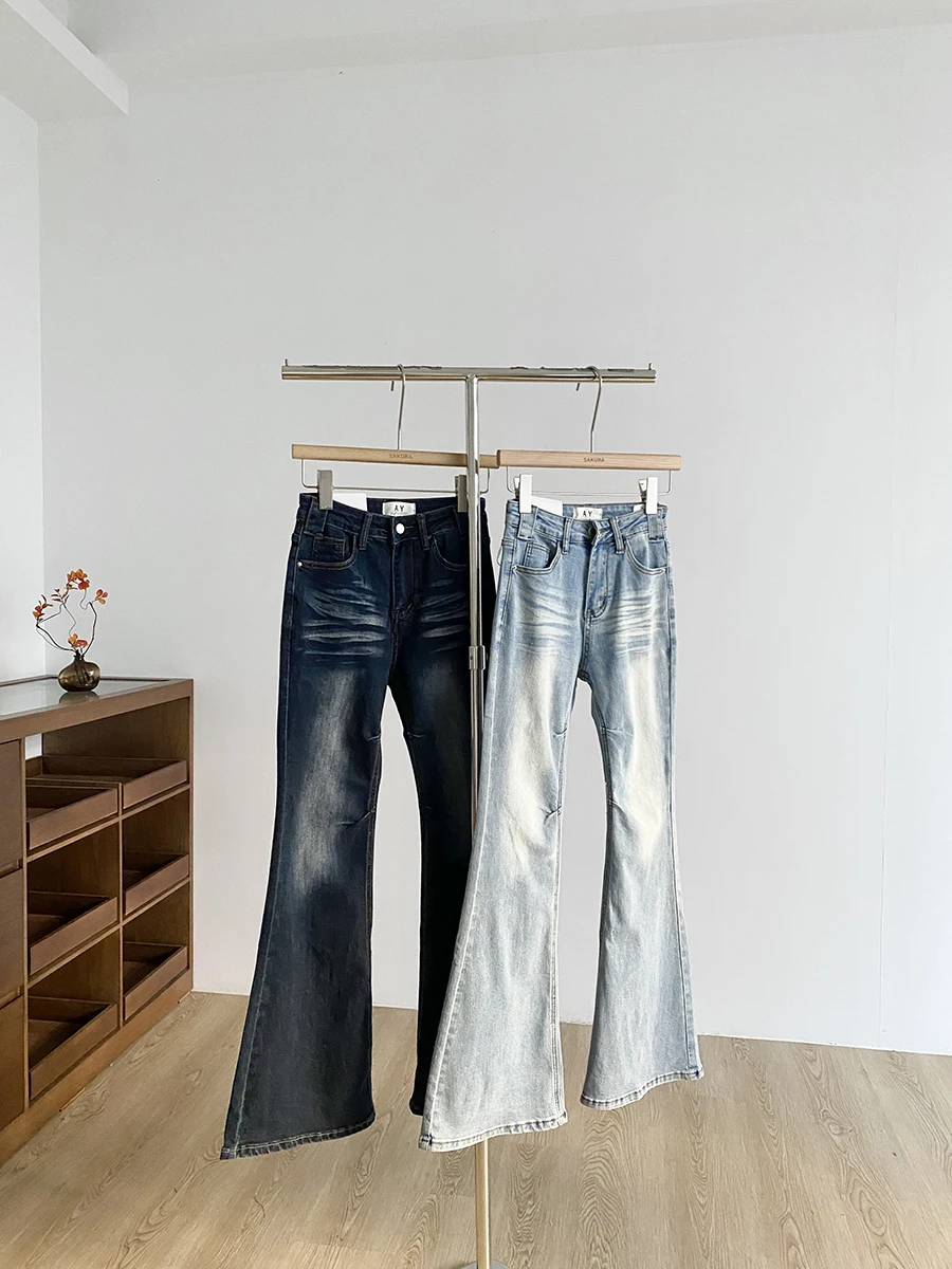 

High Waist Bell Bottom Denim Jeans Women's Slim Fit Elastic Washed Tie Dye American Style Autumn 2025 Fashion Ladies Pants