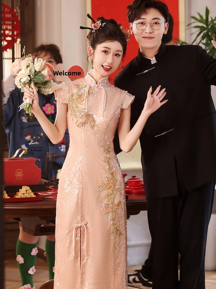 

Розовое свадебное ципао Dr Young Sle, китайское вечернее платье для невесты, на заказ, короткое, в стиле ретро, с молнией и жемчужной отделкой