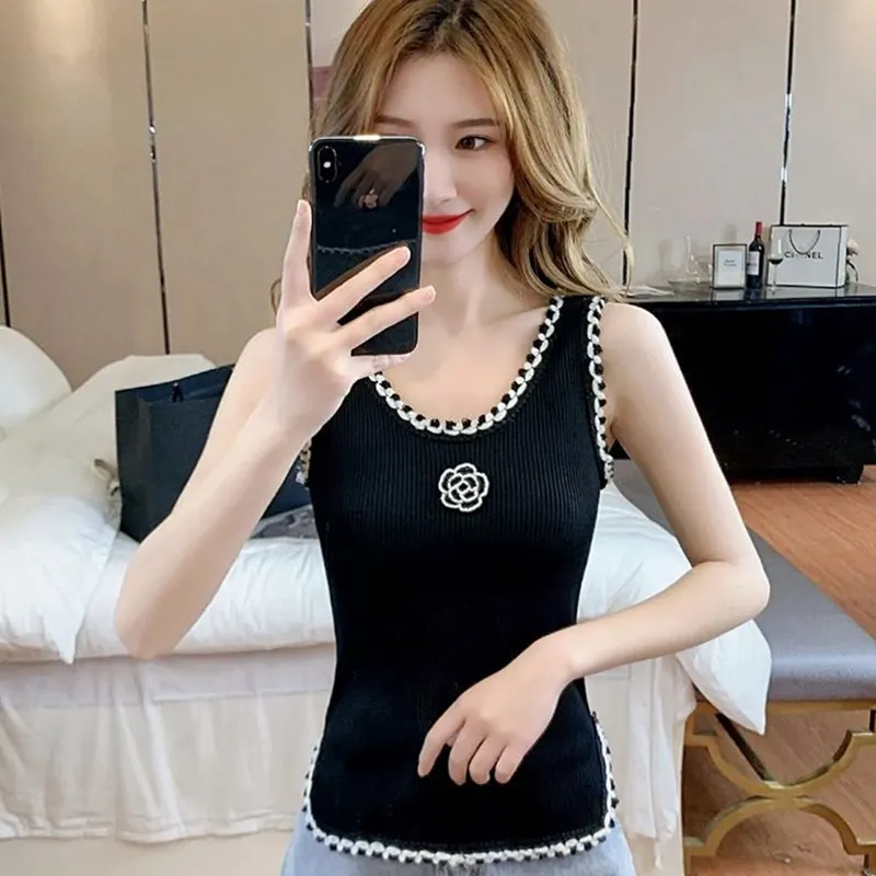 Crriflz Women Sweety Summer Knitted Vest Tops Sleeveless U-Neck Rose Ice Silk Slim Outer Wear Camisole Female Inner Sweater Top