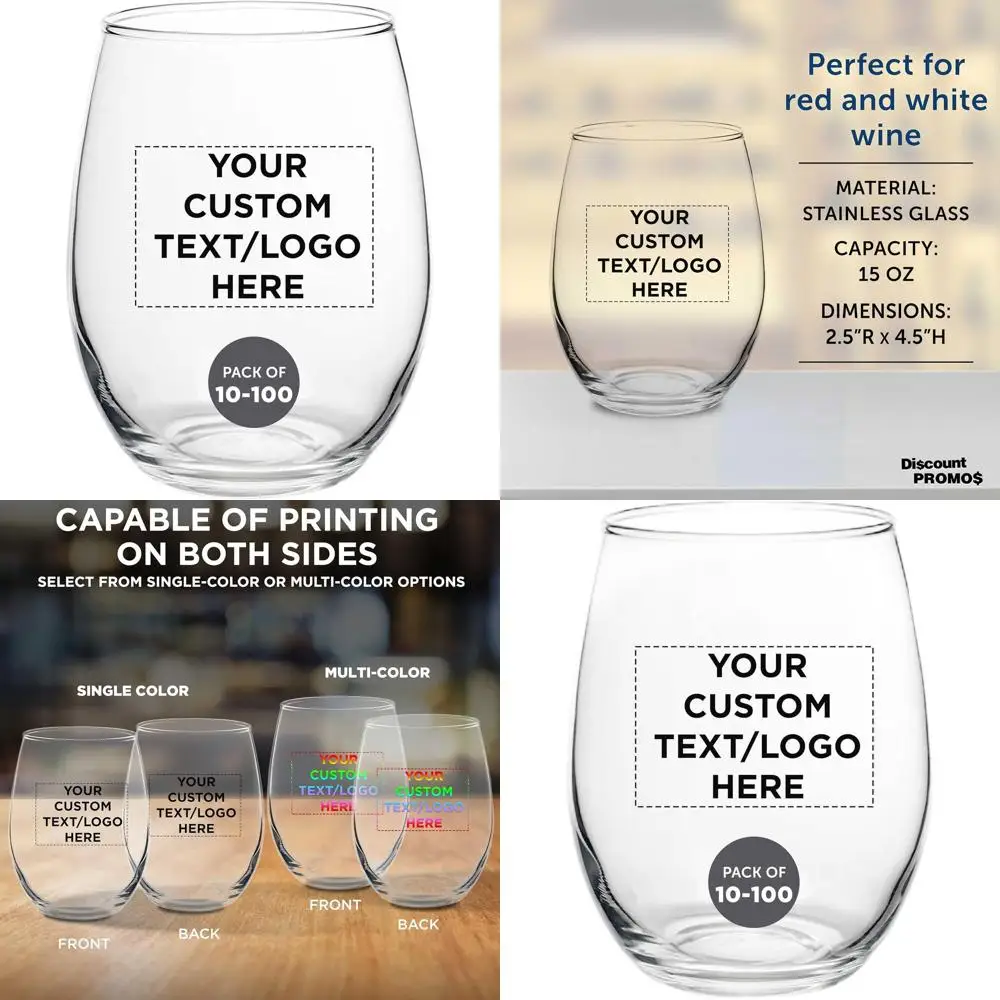

Bulk Custom Stemless Wine Glasses by ARC Perfection, 15 oz, 10-100 Packs, Personalized Text & Logo, Ideal for Red or White Wine