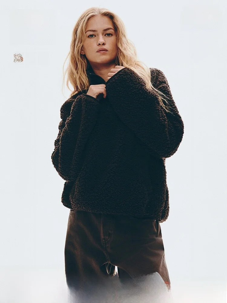 H&M Damska Bluza Teddy Fce z Długim Rękawem, Kapturem i Zapięciem na Zamek, Zimowa Moda, Włókno Poliestrowe 100%, Streetwear, Styl Sle