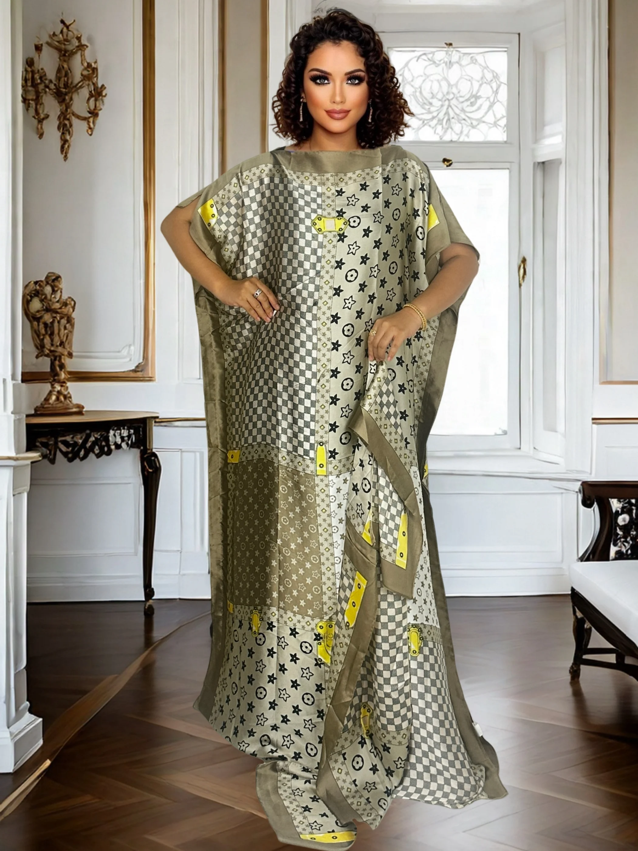 

Evening Dashiki Maxi Dress with Scarf Women's African Print Floor-Length Gown for Women