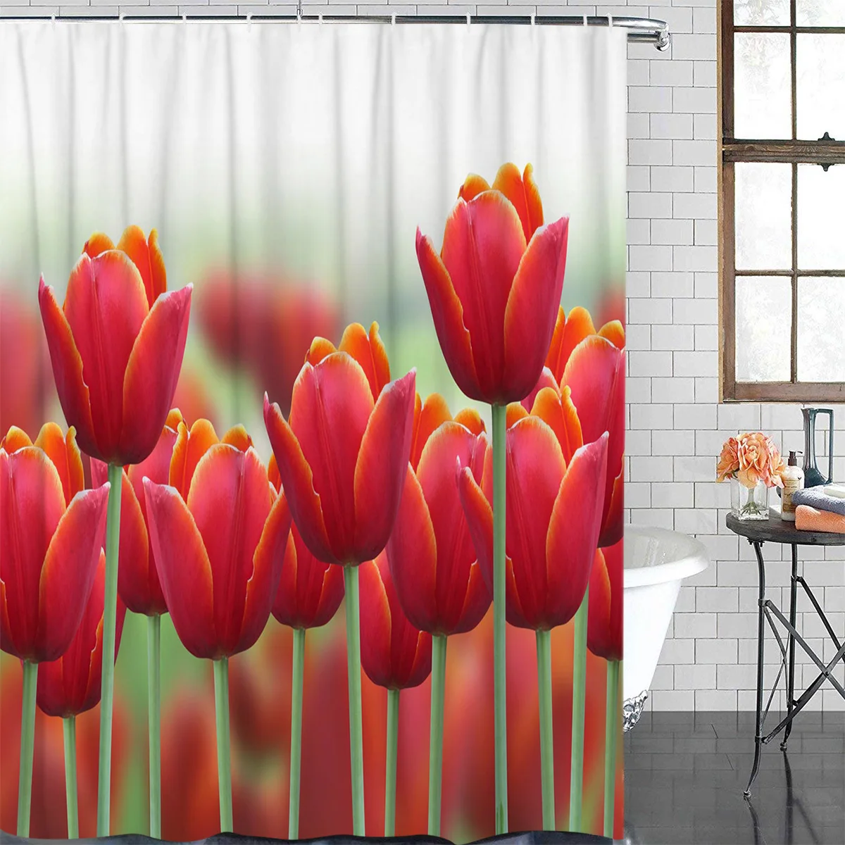 Flowers Red Bouquet Tulips Waterproof Bathroom Decoration Shower Curtain With Hook Printed Bathtub Curtains Bathroom Accessories