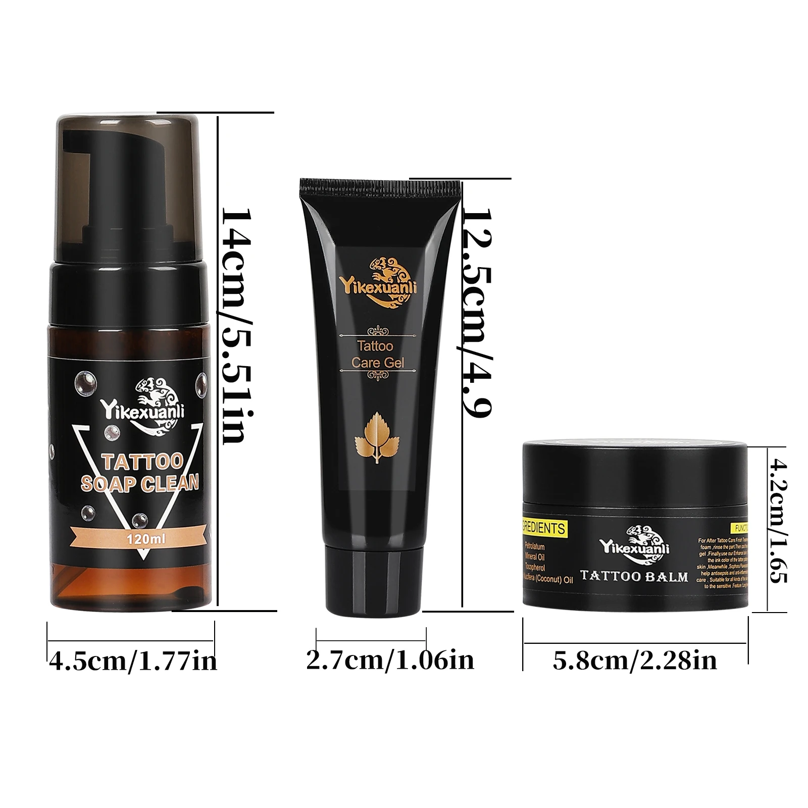 3Pcs Tattoo Aftercare Kit Cleaning Foam Care Gel Balm for Pre-Tattoo Cleansing, Moisturizing, Color Brightening, All Skin Types