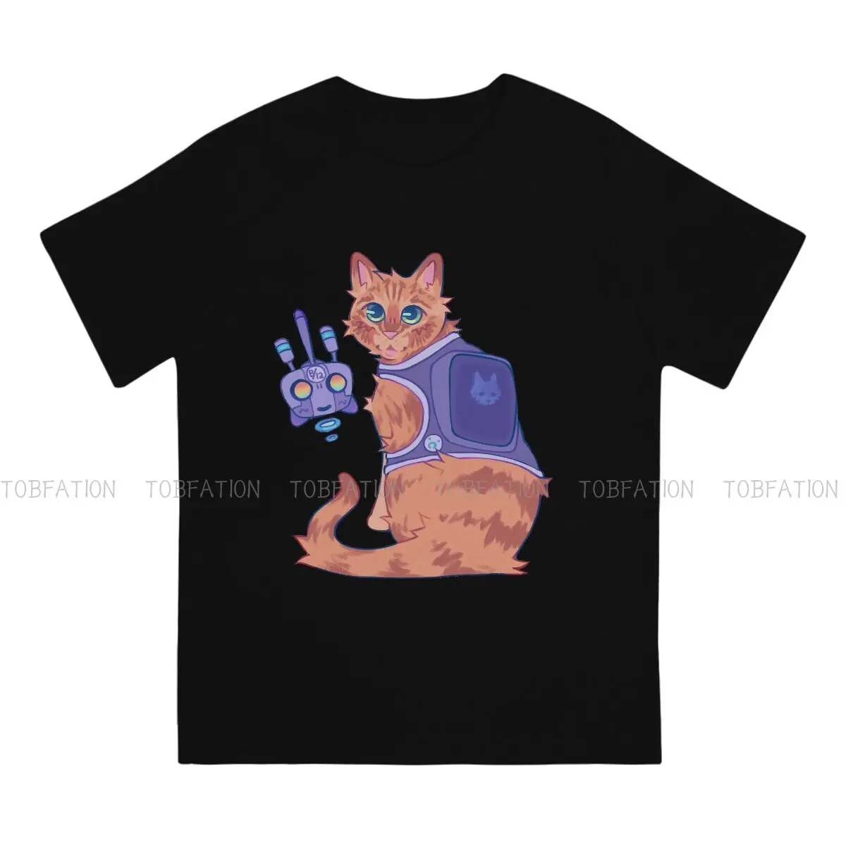 Stray Steam Game Cute Cat B-12 Robot TShirt for Men   Soft Casual Tee T Shirt Novelty Trendy Fluffy