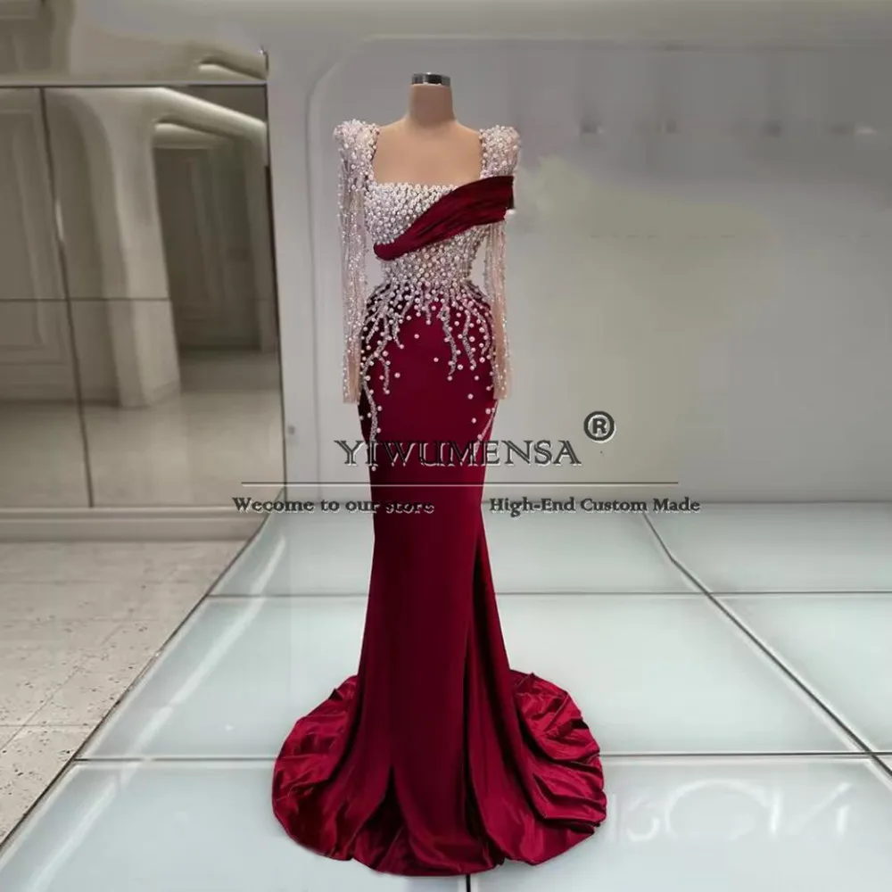 

Customized Long Sleeves Burgundy Mermaid Prom Dresses With Pearls Square Neckline Wedding Guest Party Prom Gown Robes De Soirée