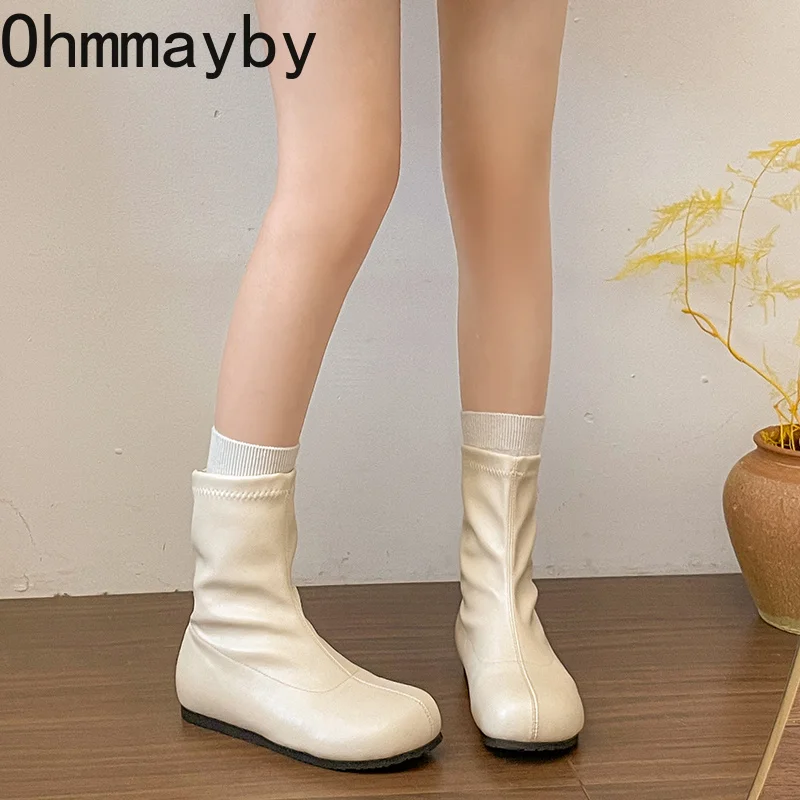 Vintage Soft Leather Stretch Ankle Boots Women Round Toe Hidden Elevator Insole Shoes Slip On Daily Casual Ladies Short Booties