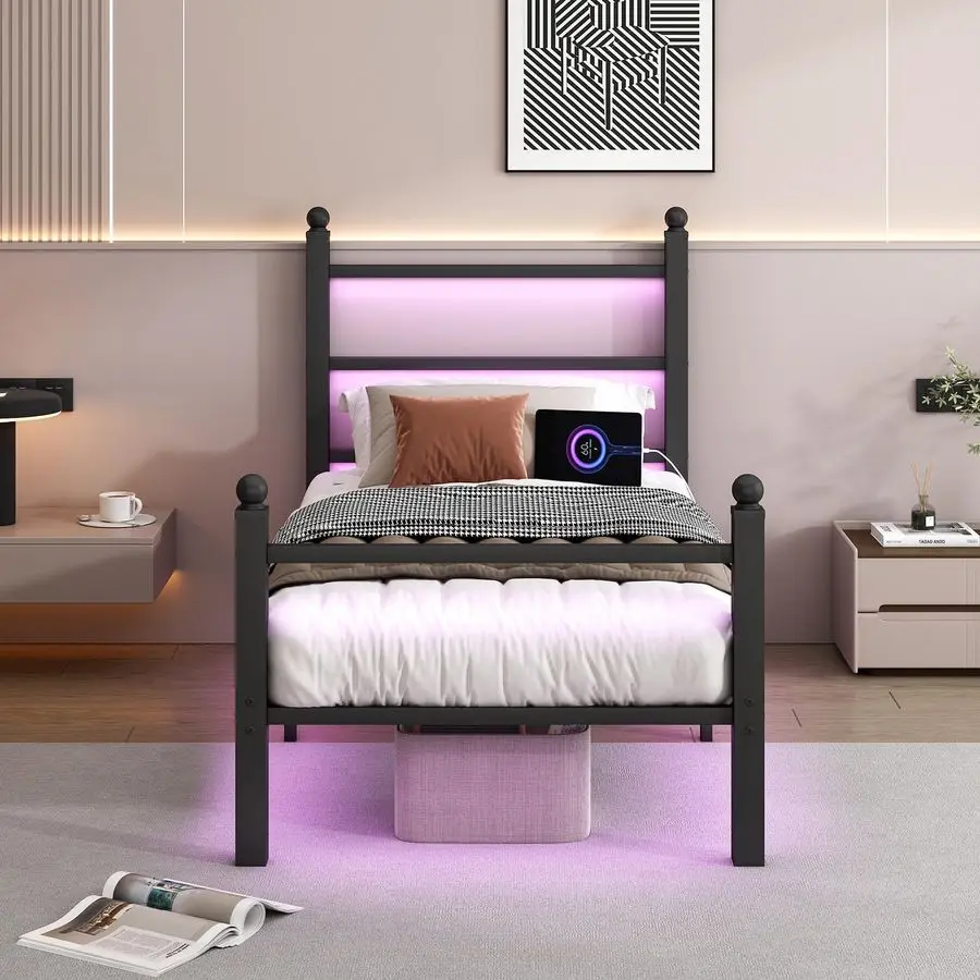 

CLIBFENG Twin Bed Frame with Headboard and Footboard,Steel Slats SupportLED Bed Frame with USB Charging Station,Mattress Founda