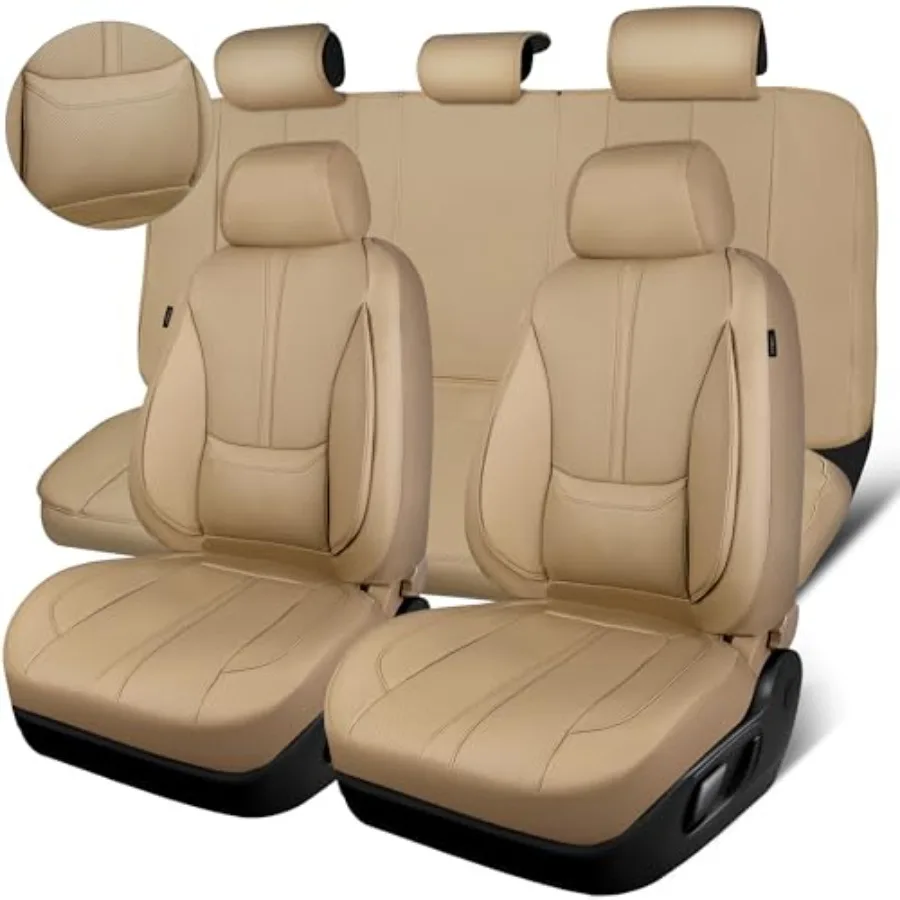 Beige Nappa Leather Seat Covers Full Set 3D Foam Faux Leather Car Seat Covers with Lumbar Support Water Resistant Comfort Unive
