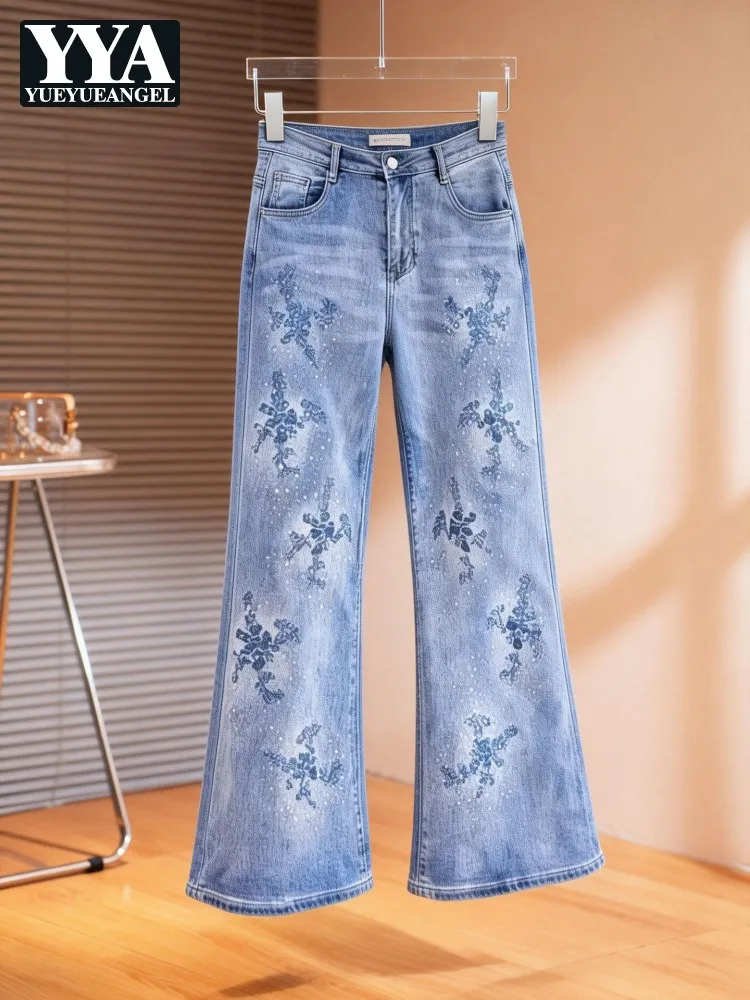 Female Top Quality Summer Vintage Embroidery Jeans Straight High Waist Slim Fit Casual Denim Pant Ladies Fashion Wide Leg Pants