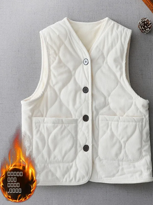 

Ele Vintage Corduroy Vest Jaet Women's Autumn Winter Thiened Fce Lined Simple Sle Faionable Open Cardigan