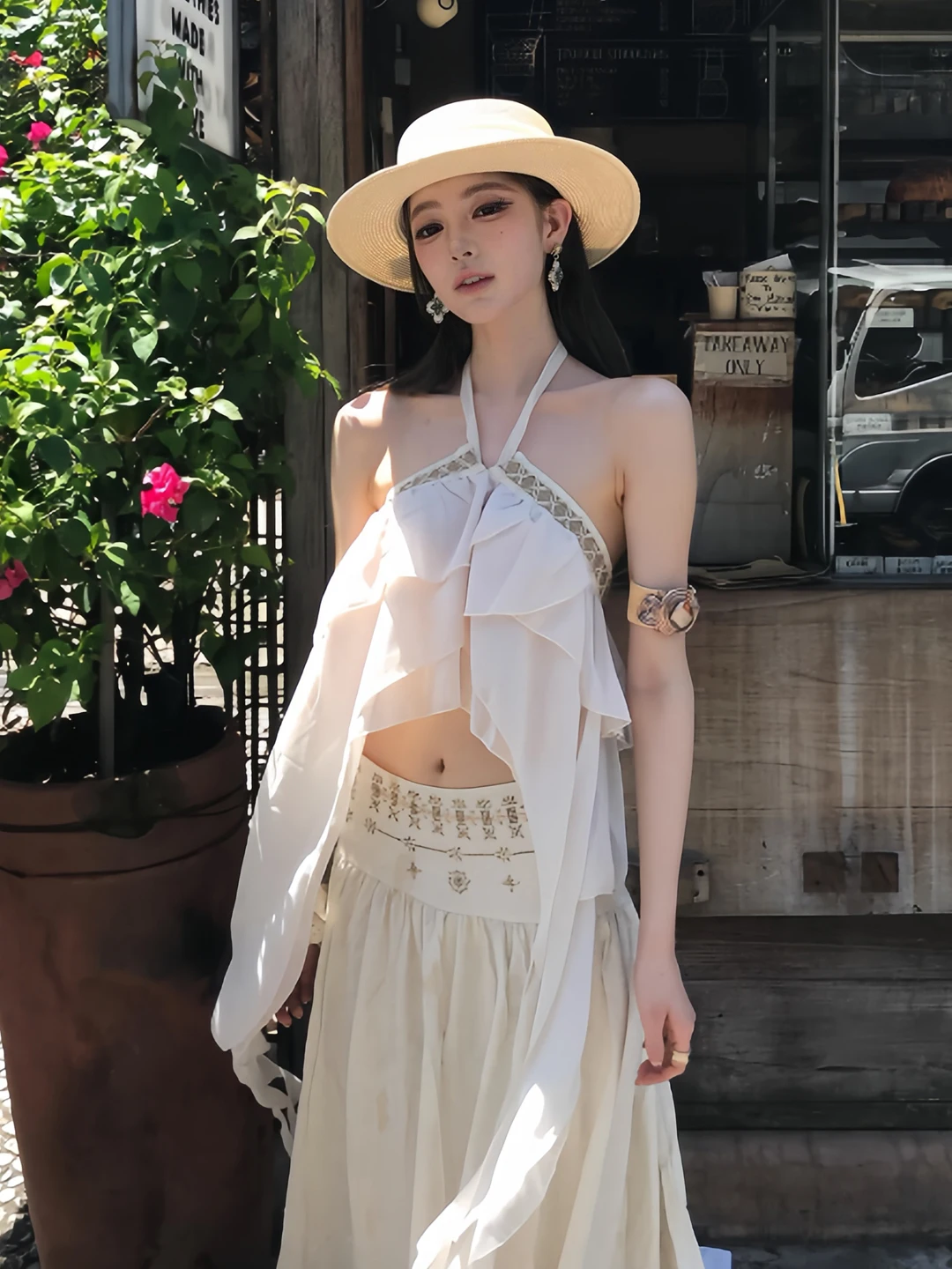 

Beach Vacation Style Asymmetrical Necktie Sari Chiffon Vest Midi Skirt Two-Piece Set Women Summer 2026 Casual Wear