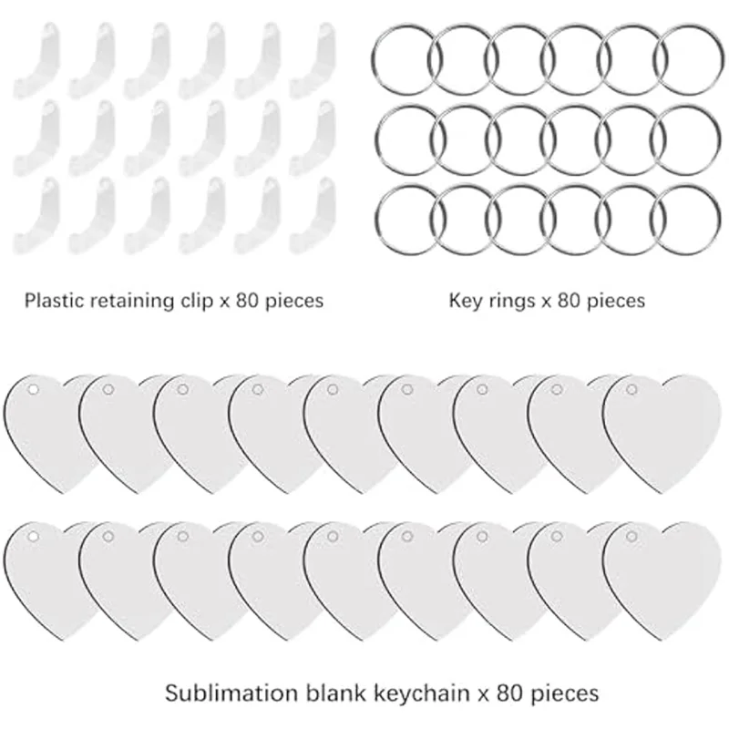 Practical-240Pcs Heart-Shaped Sublimation Keychain Blanks Double-Sided With 160 Rings And Clips Craft Set