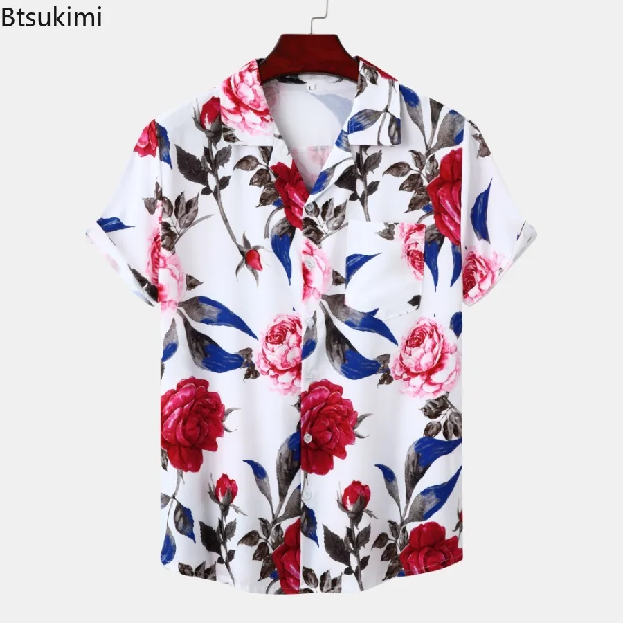 Camisa de praia masculina estilo havaiano estampada rosa manga curta, blusa casual para férias, tops masculinos de streetwear, nova tendência, 2024