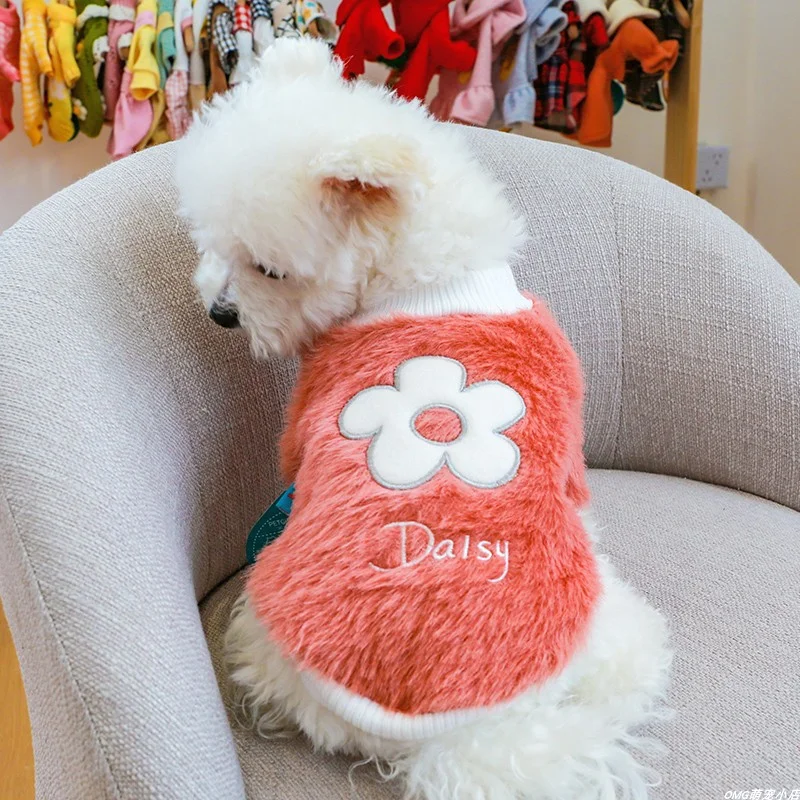 1PC Pet Clothing Autumn/Winter Pink Pullover Plush Flower Round Neck Shirt Suitable for Small and Medium Dogs