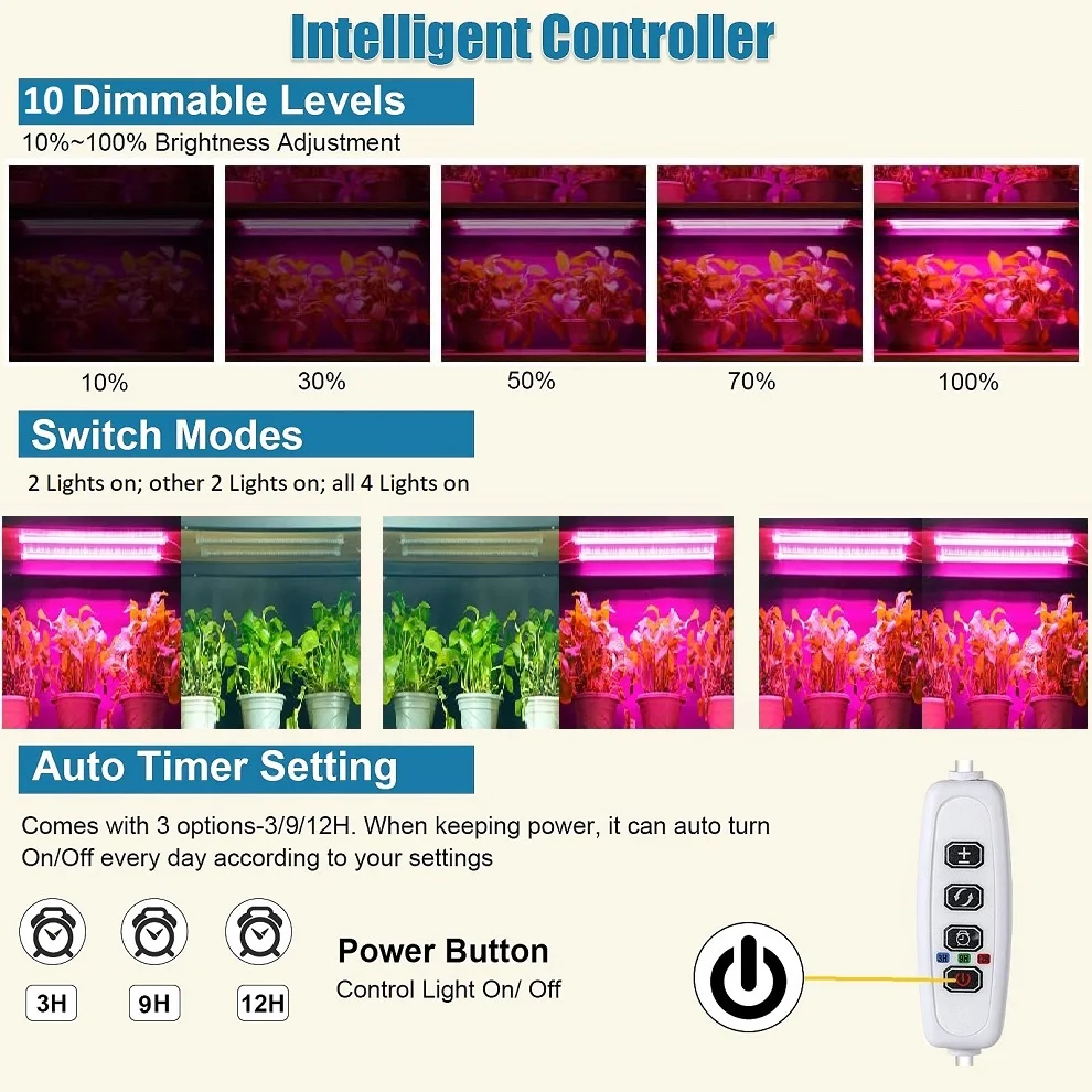 LED Grow Light Strip com Temporizador, Planta de Interior Regulável Phyto Lâmpada, Phytolamps, Vermelho e Azul, Plug USB, Mudas, 3, 9, 12H