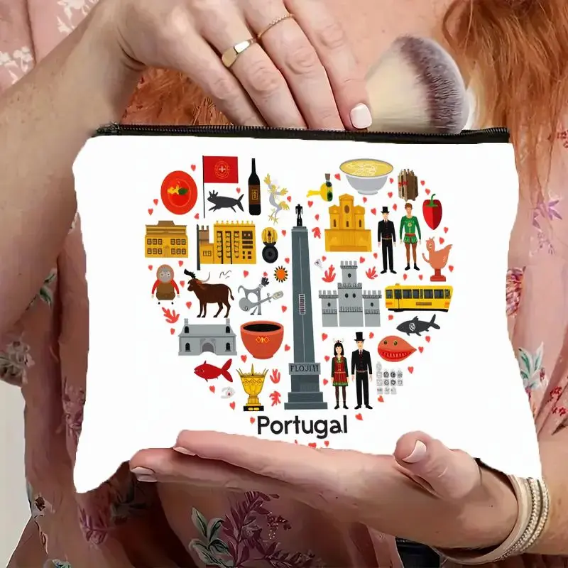 Cosmetic Bag Featuring Iconic Landmarks of Portugal, Designed with a Vibrant Representation of Portuguese Culture