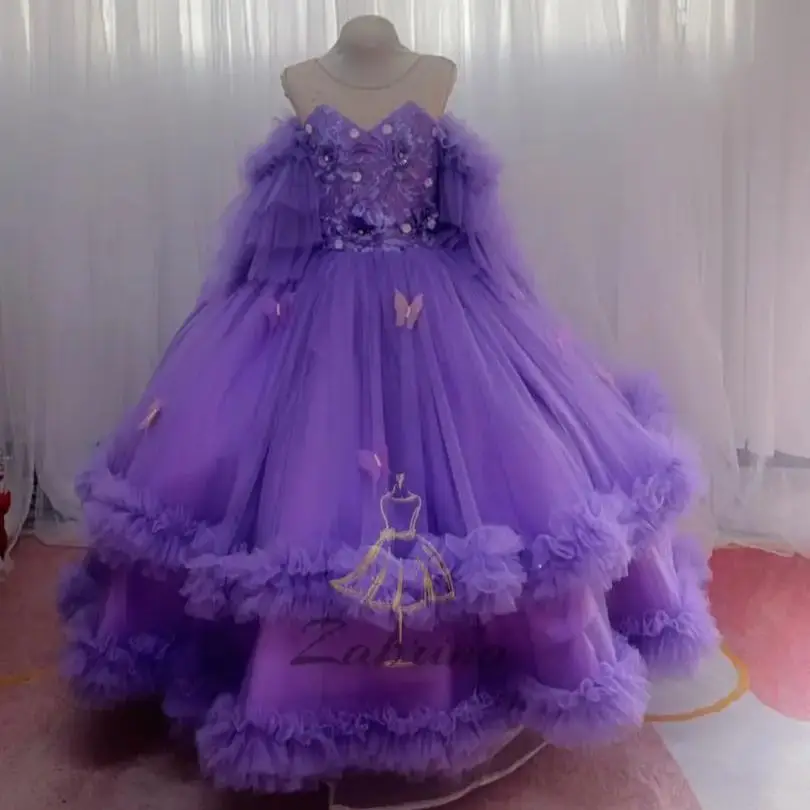 

Purple Flower Girl Dresses for Wedding Tiered Ruffles Kids Birthday Party Gowns Appliques Children First Communion Dresses