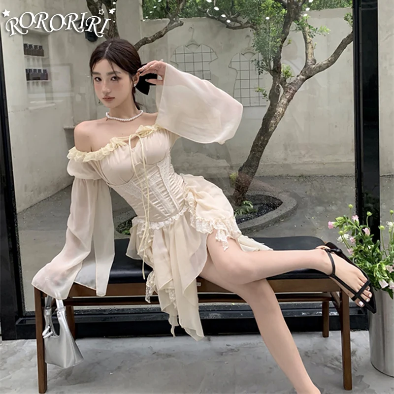 Roriri doce fora do ombro uma peça mini vestido feminino elegante sexy magro roupas de festa irregular coreano chique espartilho vestido de fadas