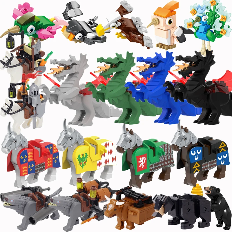 MOC Animal Building Block Accessories Set Crow Parrot Peacock Eagle Flamingo Transport Horse Ox Cart Gift Brick Model Toy K001