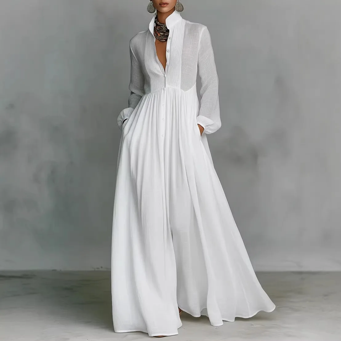 Böhmisches Stehkragen-Knopf-Maxikleid Elegantes Hochgeschnittenes Einfarbiges Partykleid Frühling Langarm Locker Sitzende Freizeitkleider