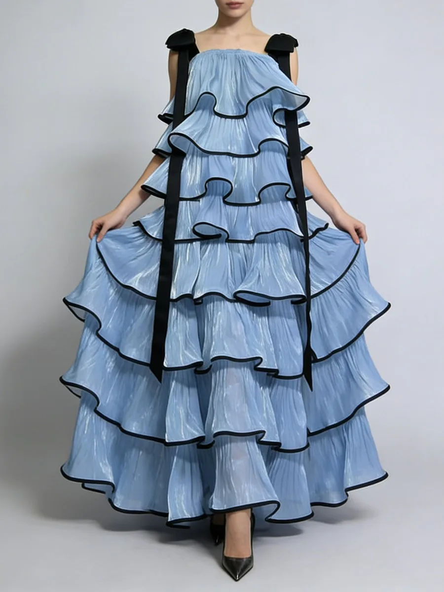 Vestidos longos de cetim com babados em camadas, mulheres, verão, pescoço quadrado, sem mangas, moda, alça com laço, roupões femininos, elegante, vintage