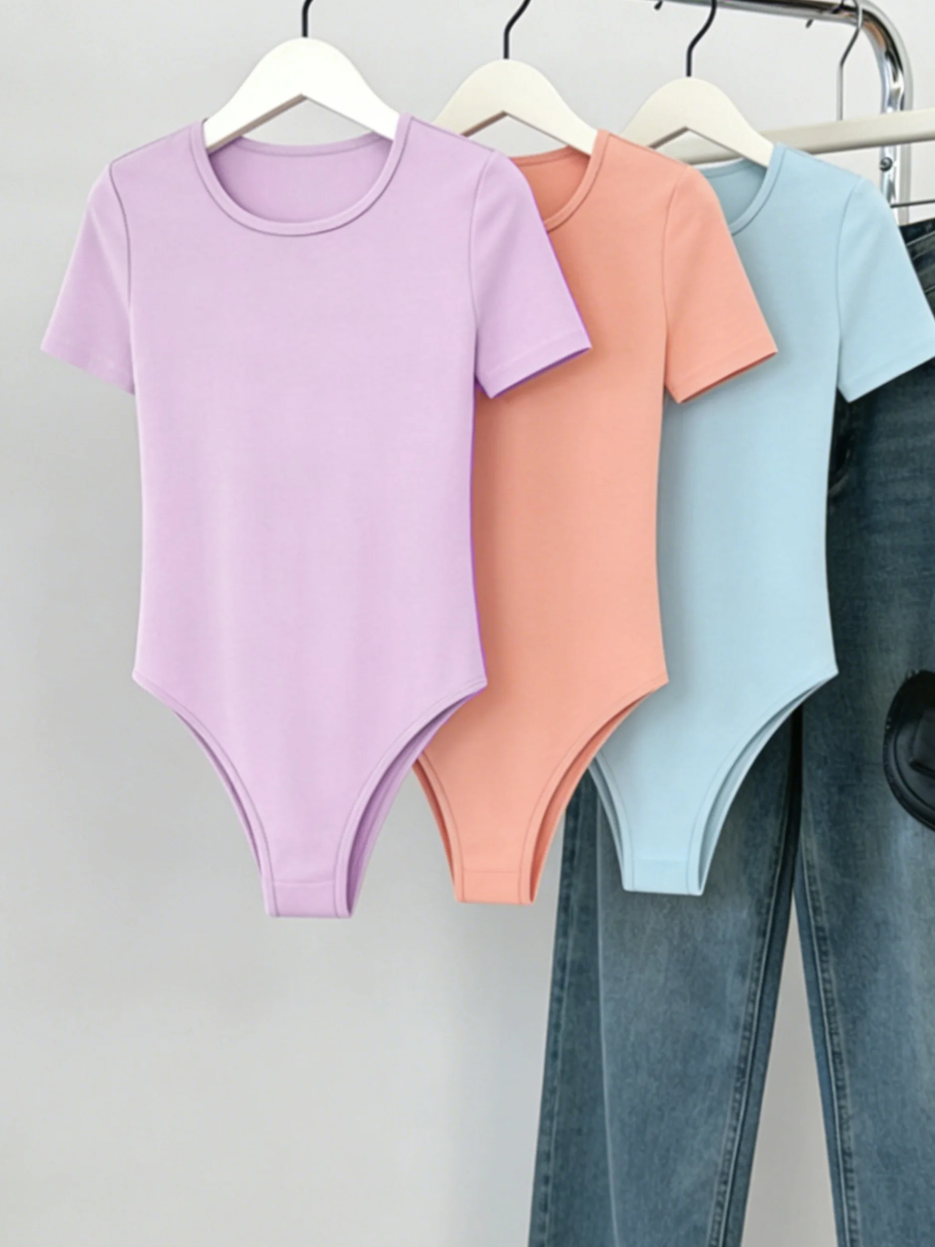 Women 3 Pack Solid Short Sleeve Bodysuit Set Casual Crew Neck Form Fitting One Piece Bodysuit Set